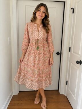 Jaded Gypsy NWT LG/XL Floral Pink Boho Maxi Dress with Tassel Tie